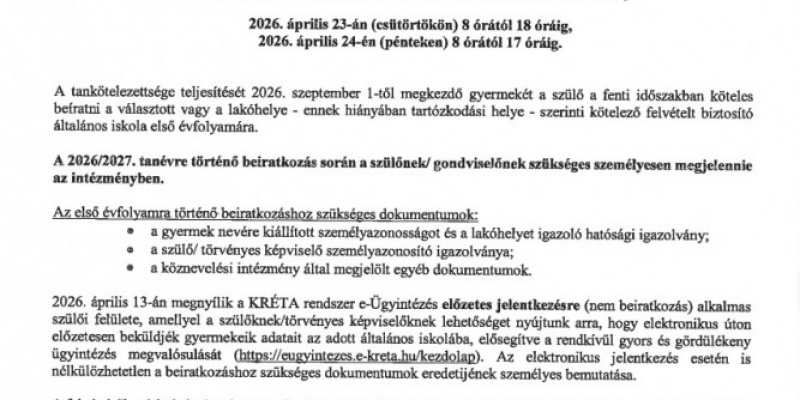 HIRDETMÉNY a beiratkozás rendjéről